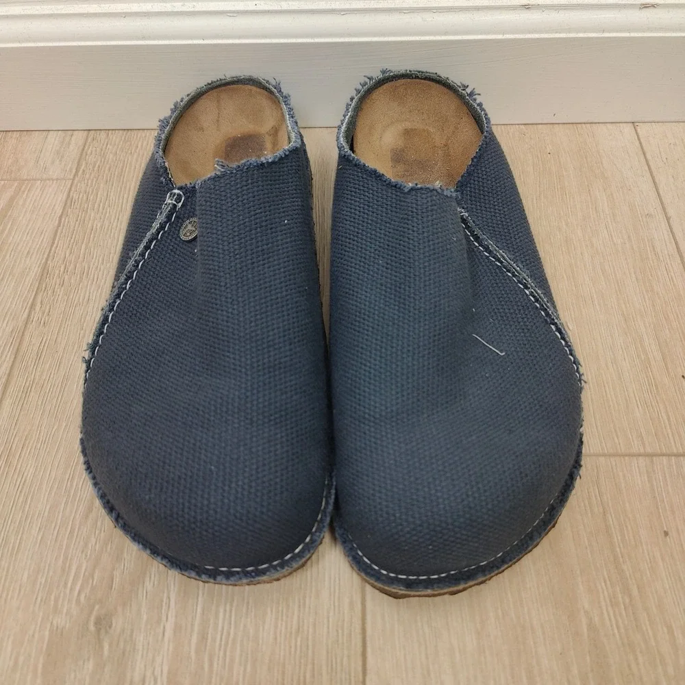 Birkenstock Mens Zermatt Clogs 11 Navy Blue Canvas Frayed Edge Gorpcore Granola